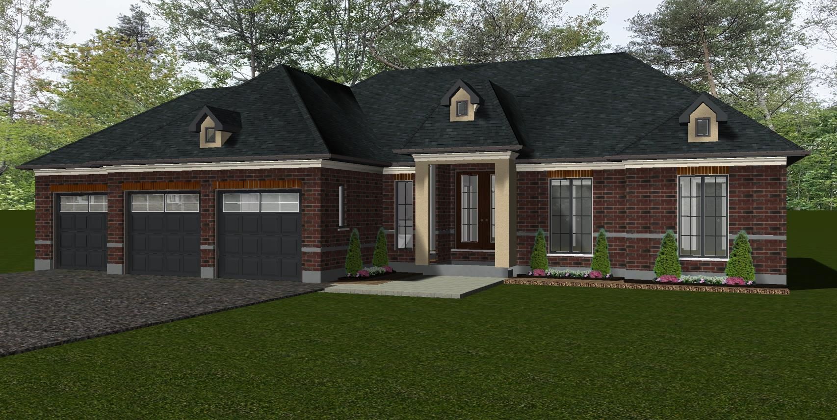 A single-story brick house with a three-car garage, dark roof, and a central covered entrance, set on a green lawn.