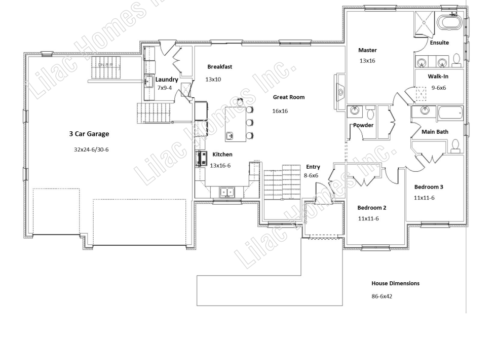 Floor plan for a residential home, detailing room layouts, garage, and porch, overlaid with a watermark text.