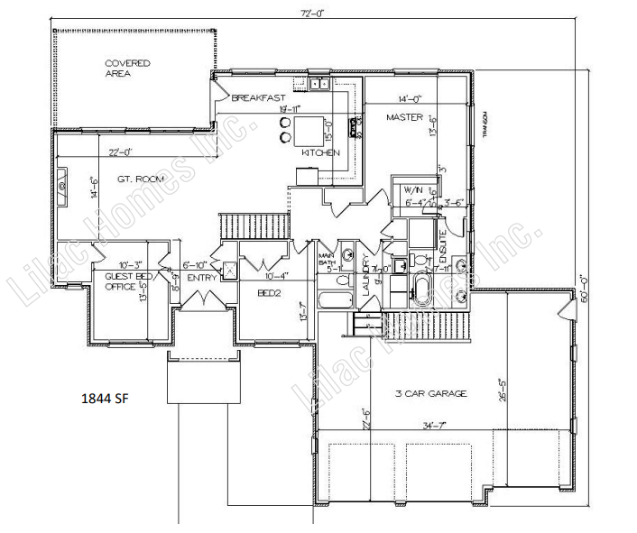 Floor plan for a residential home, detailing room layouts, garage, and porch, overlaid with a watermark text.