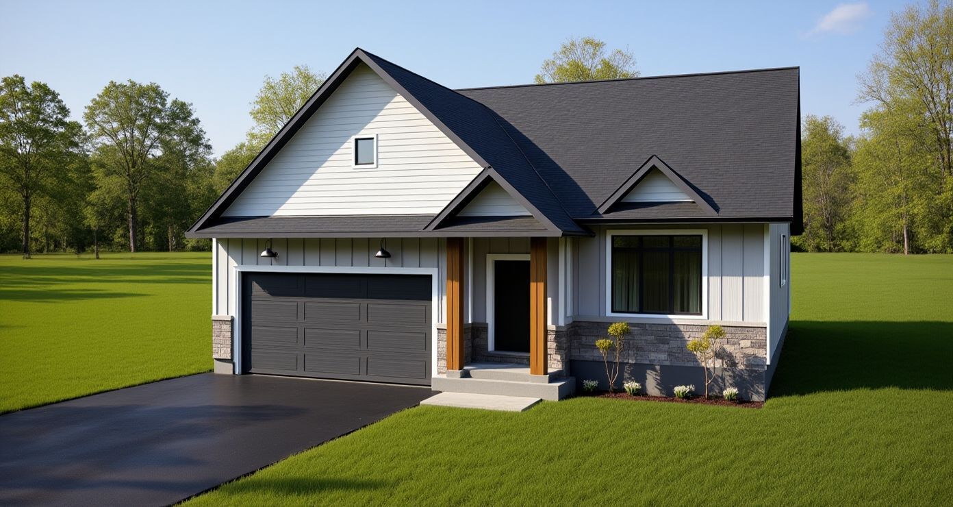 A modern, one-story house with a grey roof, white and wood siding, stone accents, and a dark garage, set on a green lawn.