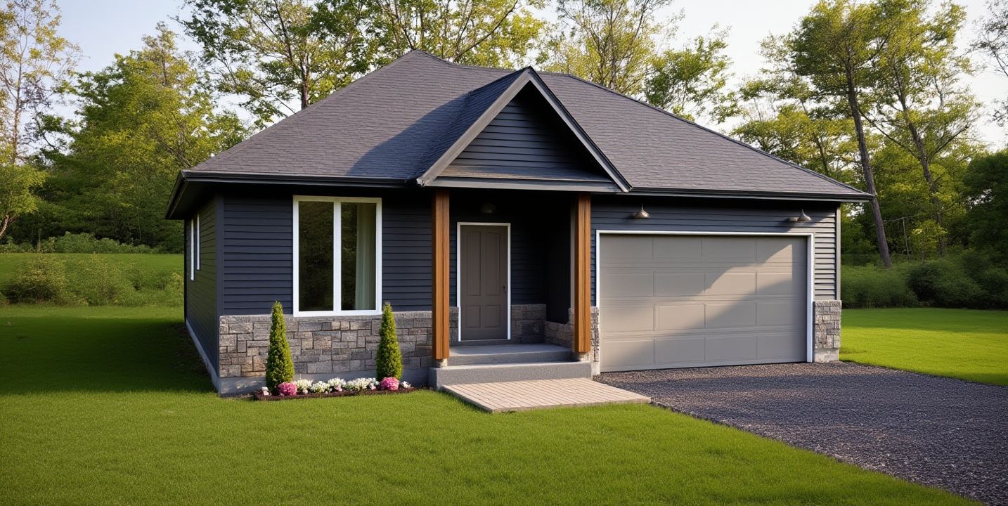 A single-story home with dark blue siding, stone base, a gabled porch, and a garage, set on a green lawn.