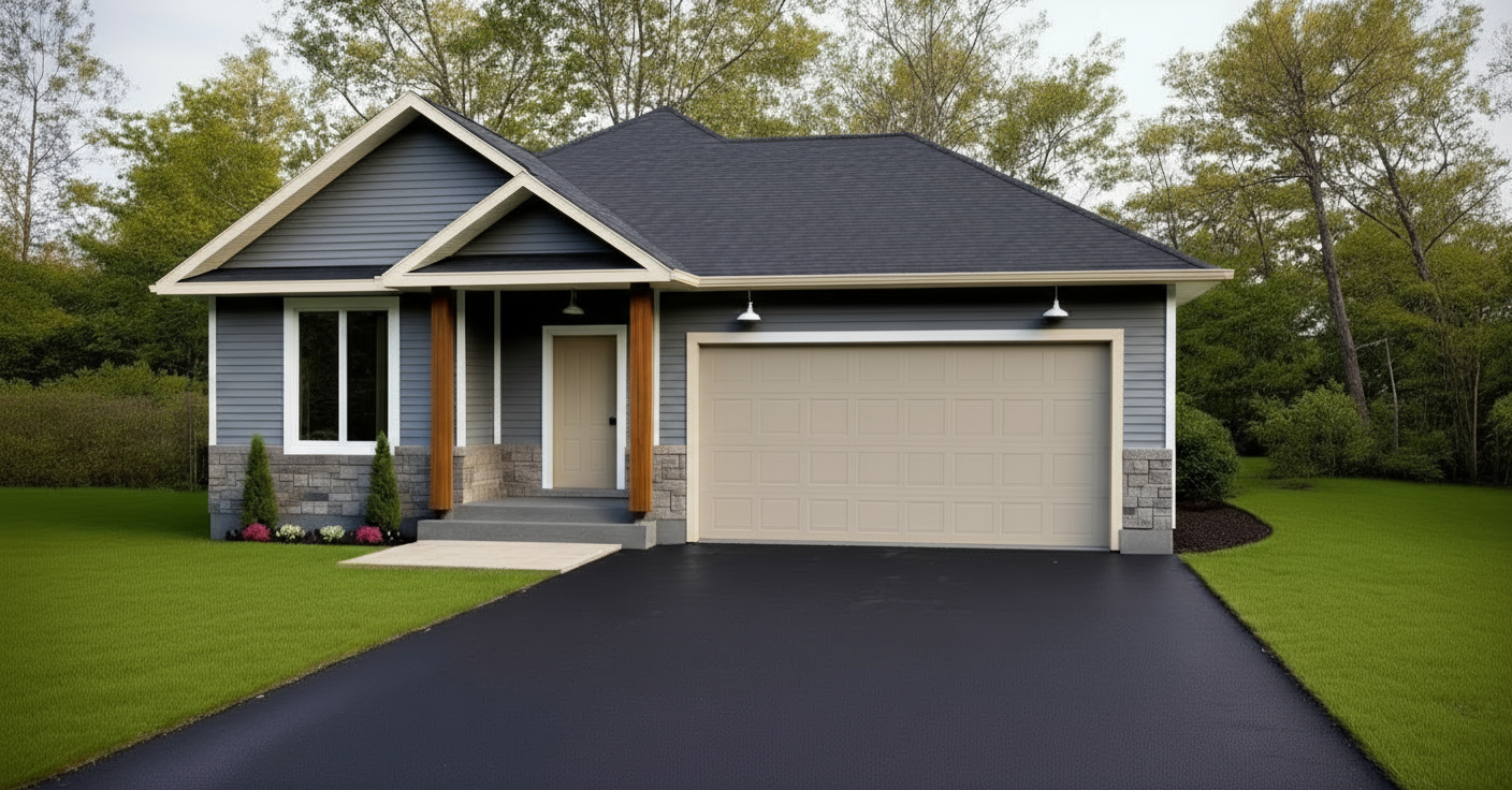 A modern one-story suburban house with a gray exterior, stone accents, dark roof, and a tan garage door, set on a lawn.