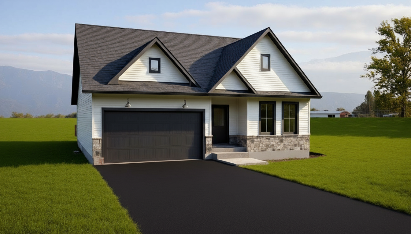 A suburban single-story house with a grey roof, white siding, stone accents, and a dark garage door, set on a grassy lot.