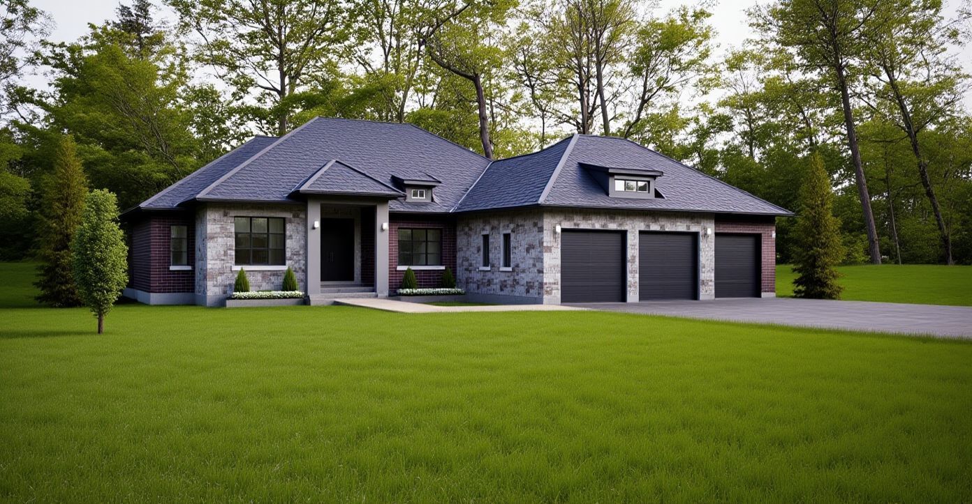 A one-story stone house with a dark gray roof and three-car garage, surrounded by a large green lawn and trees.