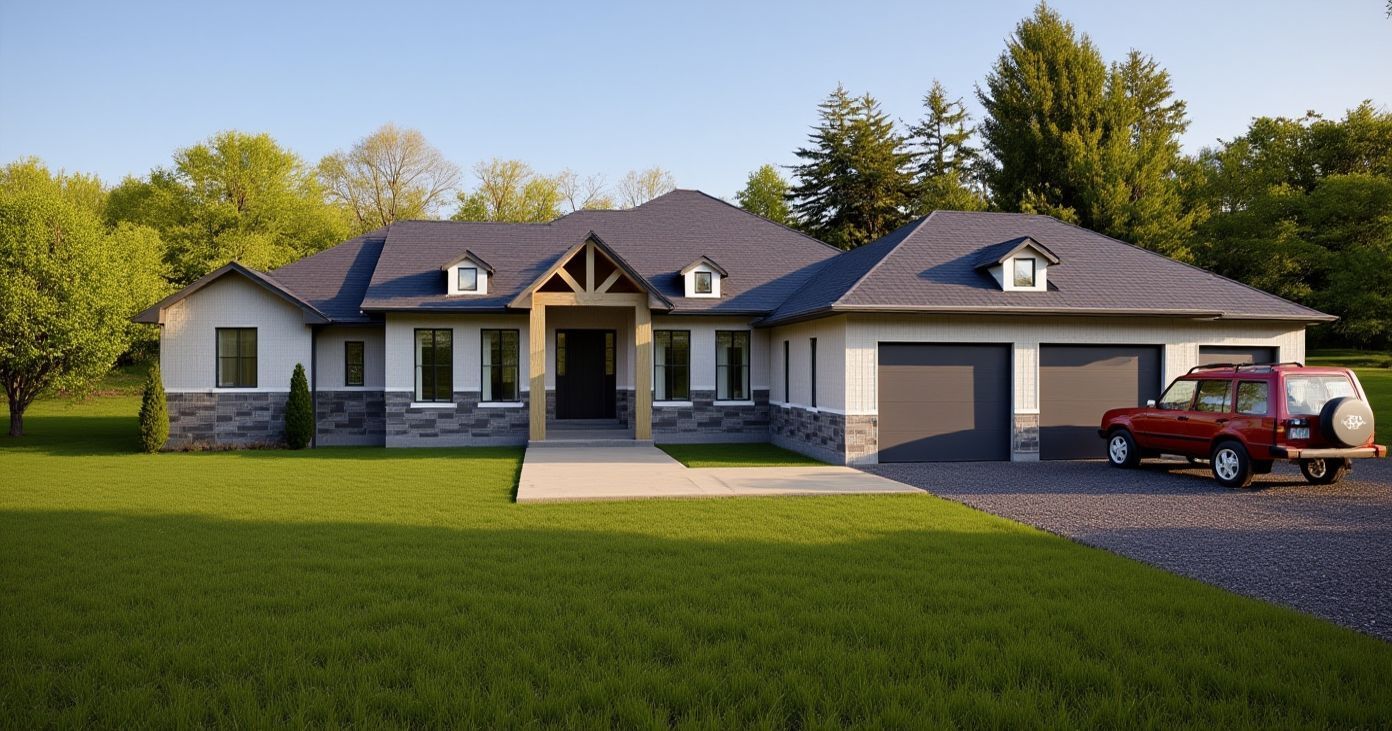 A one-story suburban home with a dark shingled roof, light siding, stone base, and a red SUV in the gravel driveway.