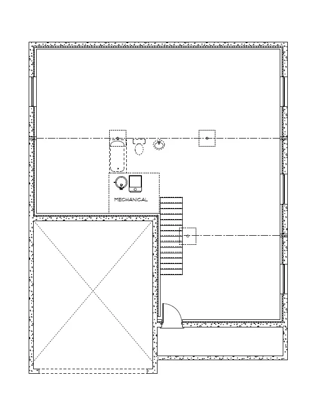A top-down floor plan showing a residential layout with a garage, stairs, technical room, and bathroom.
