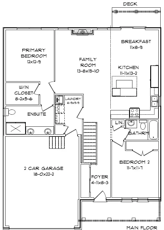 Floor plan of a main house level featuring a two-car garage, primary bedroom with ensuite, family room, kitchen, and deck.