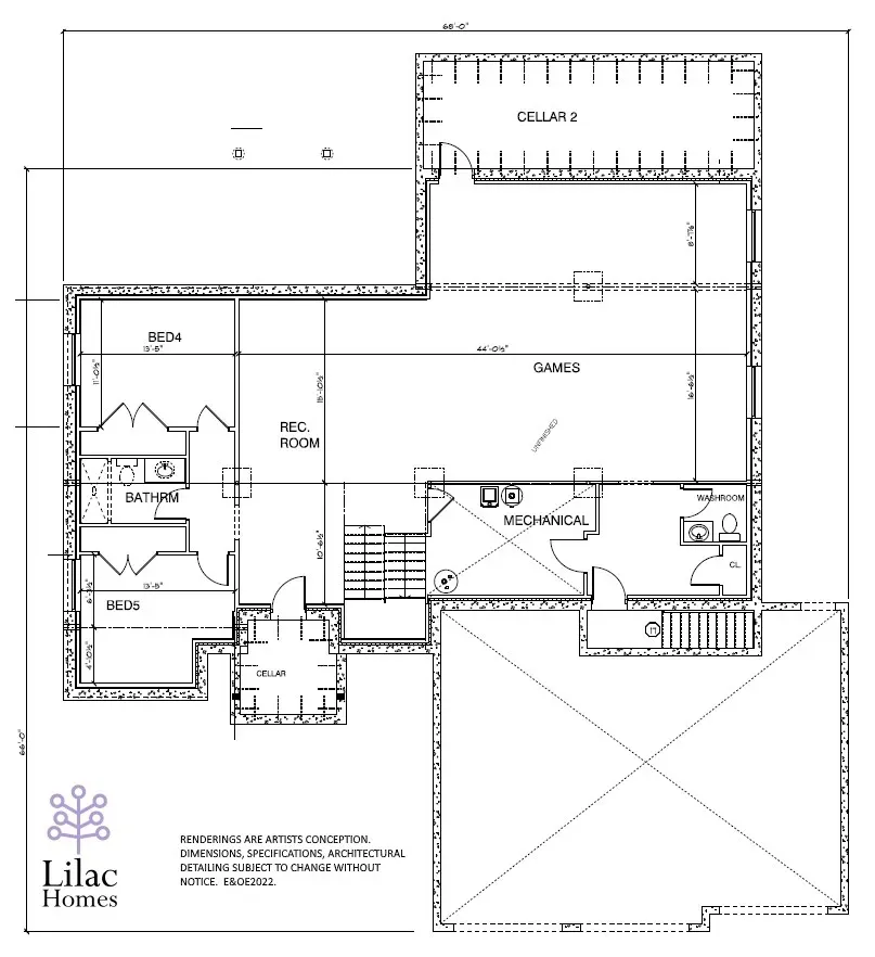 Architectural floor plan for a basement level by Lilac Homes, showing rooms, stairs, and structural dimensions.
