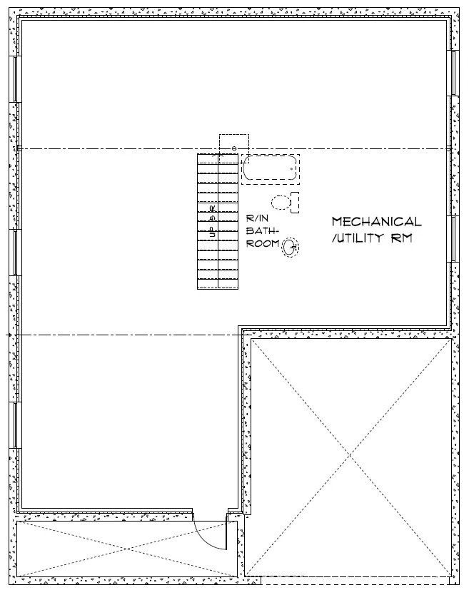 Architectural floor plan showing a mechanical utility room, stairs, and a small bathroom.