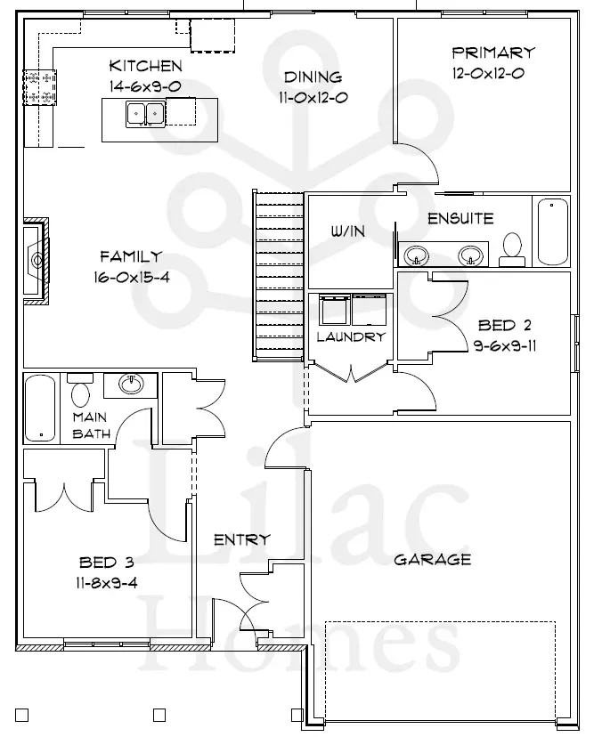 Floor plan of a single-story home with a garage, entry, three bedrooms, kitchen, family room, and two bathrooms.