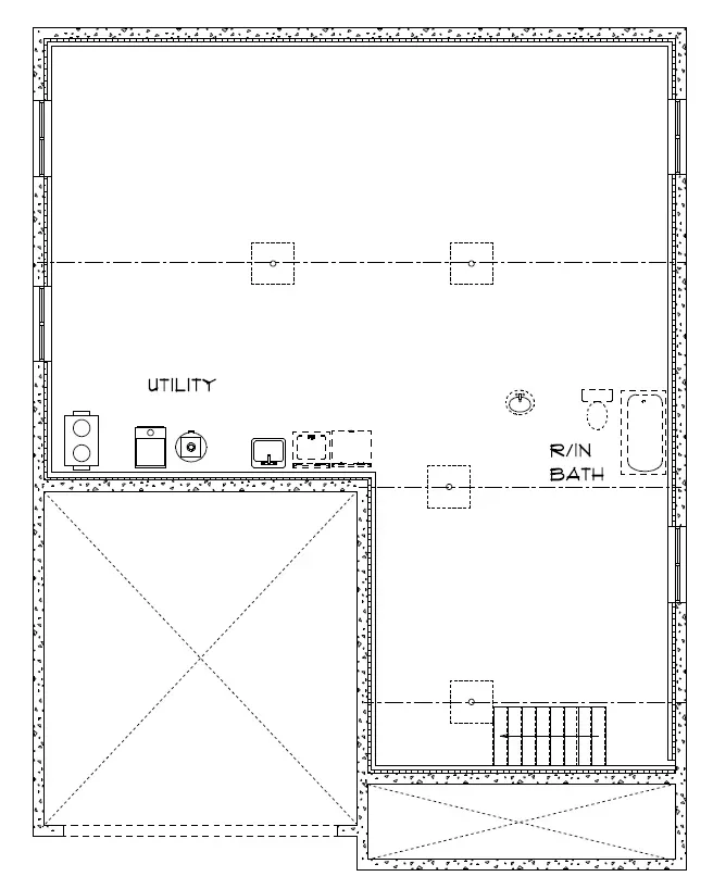 Floor plan of a ground level showing a utility area, full bathroom, staircase, and an open garage space.