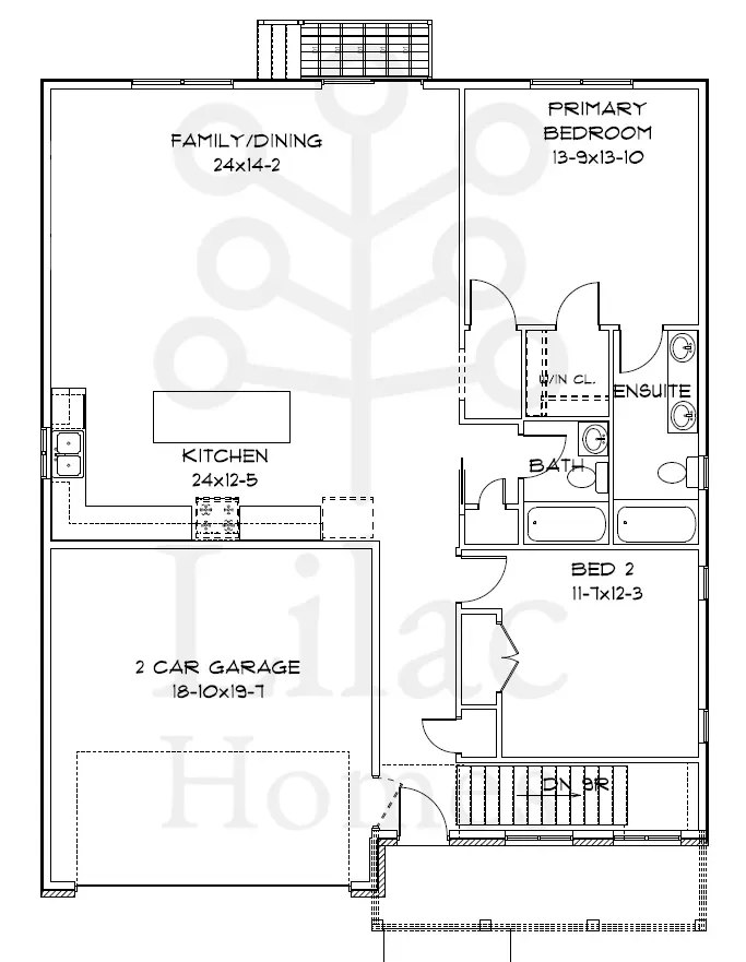 Floor plan of a single-story home showing a garage, open-concept kitchen, living area, primary bedroom, and second bedroom.