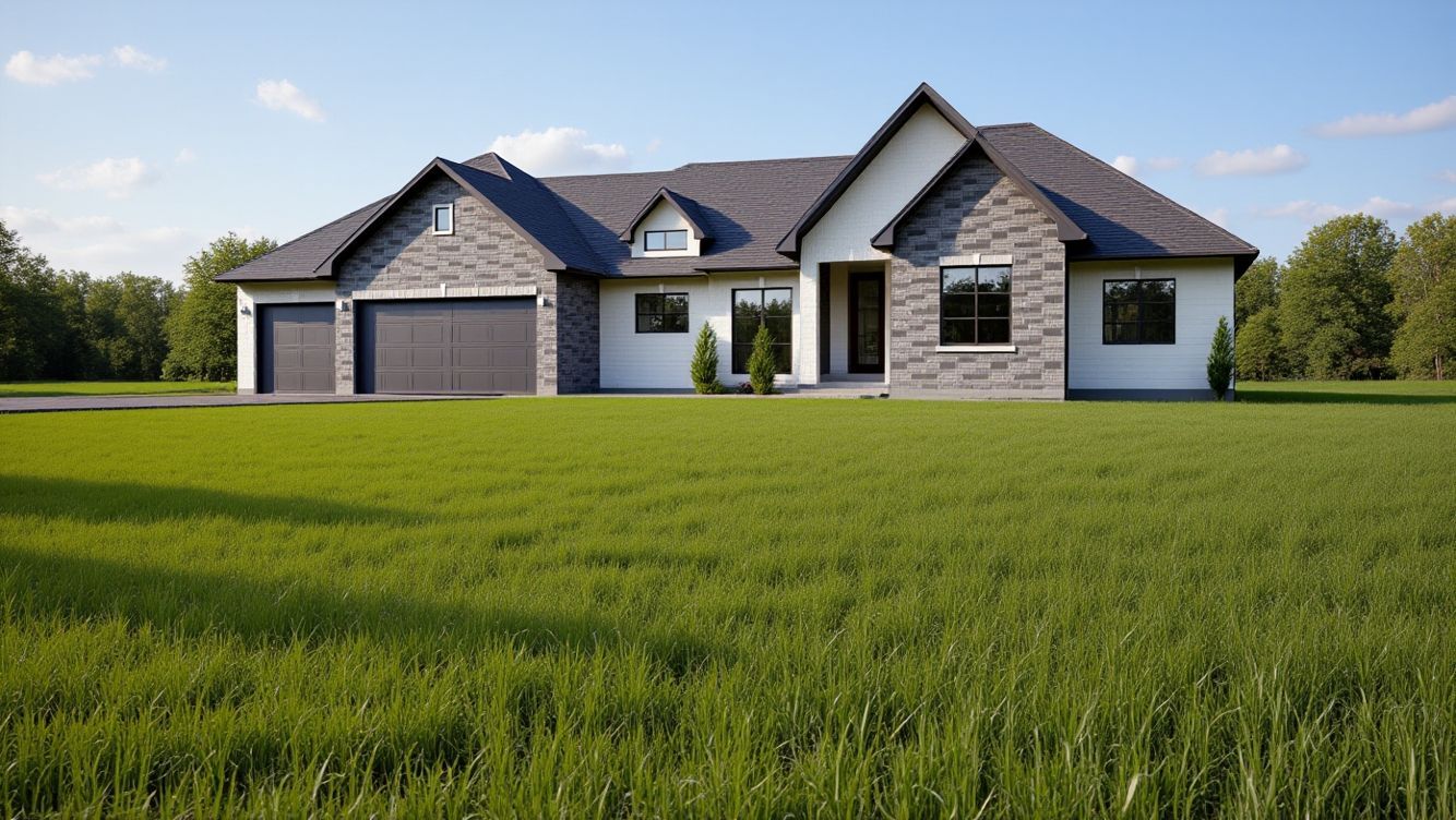 A modern, one-story house with gray stone accents and dark roofing sits behind a large, bright green lawn under a blue sky.