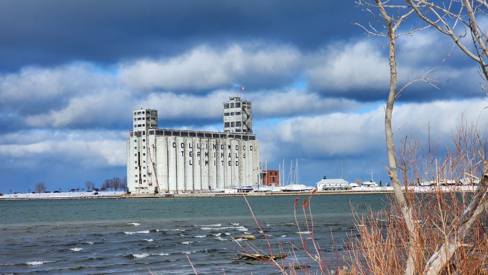 Industrial waterfront grain elevator beside choppy water under dark storm clouds, with bare branches in foreground