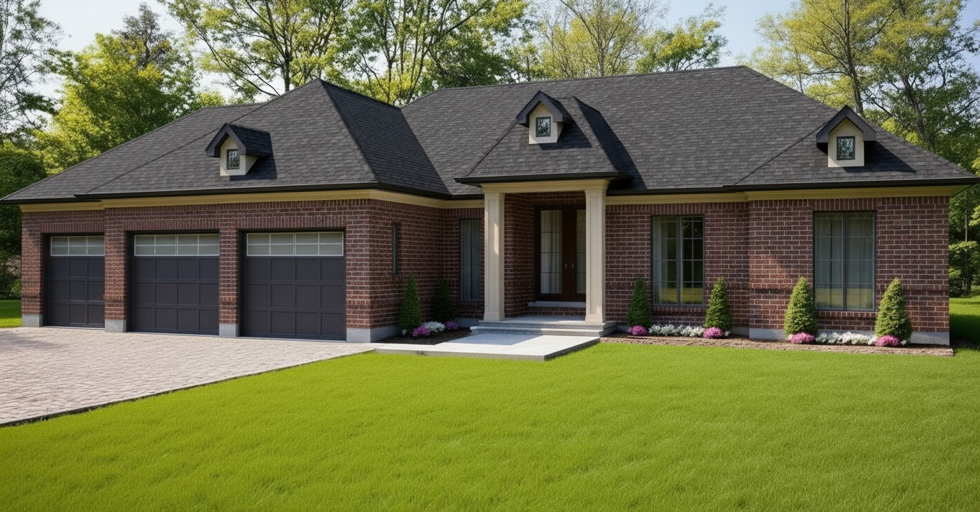 A single-story brick house with a dark shingled roof, three-car garage, and a manicured green lawn.