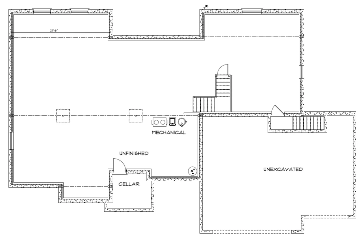 Black-and-white architectural floor plan of a residential space with stairs, an entry, and labeled living areas.