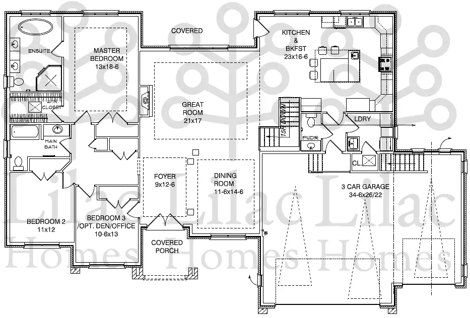 Floor plan for a residential home, detailing room layouts, garage, and porch, overlaid with a watermark text.