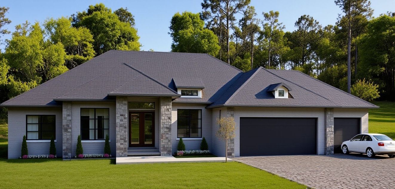 Single-story gray house with stone accents, a dark shingled roof, a three-car garage, and a white car parked in the driveway.