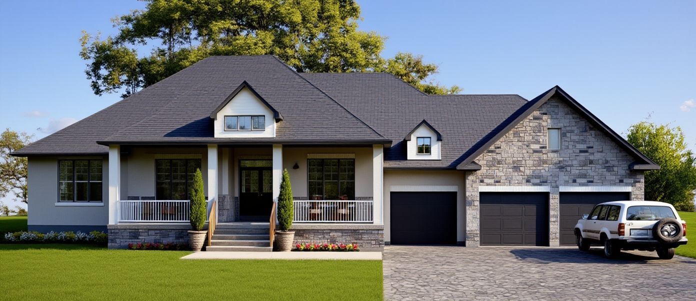 A single-story suburban house with a stone facade, dark roof, front porch, and a three-car garage, with a car parked outside.
