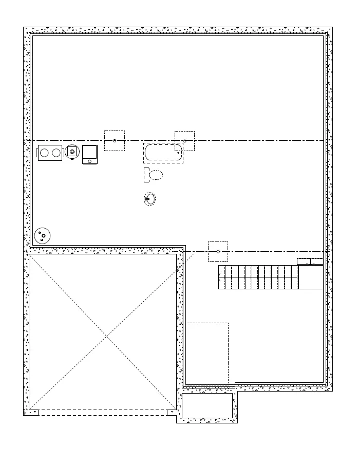 A floor plan showing a large room with a kitchen area, bathroom fixtures, a staircase, and an adjacent square room.