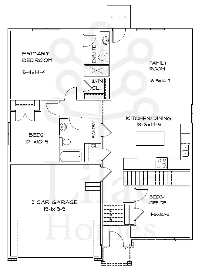 Floor plan for a single-story home featuring a primary bedroom with ensuite, two additional bedrooms, garage, and kitchen.