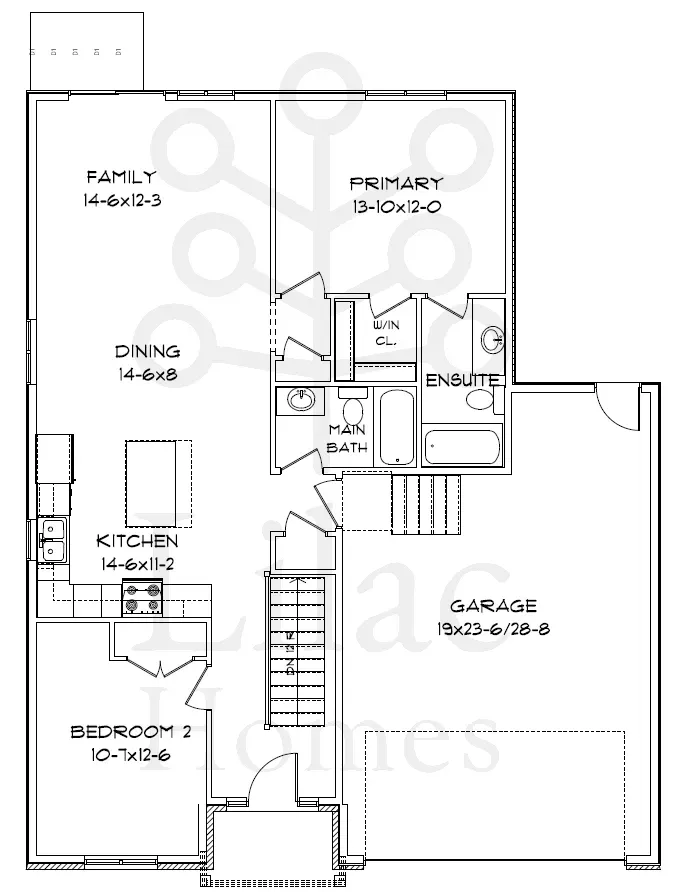 Floor plan showing a house layout with a kitchen, dining area, family room, two bedrooms, two bathrooms, and a garage.