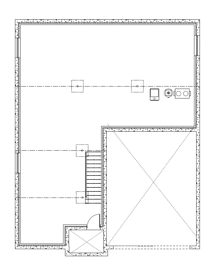 Architectural floor plan showing a large rectangular layout with a staircase, interior walls, and an entryway.
