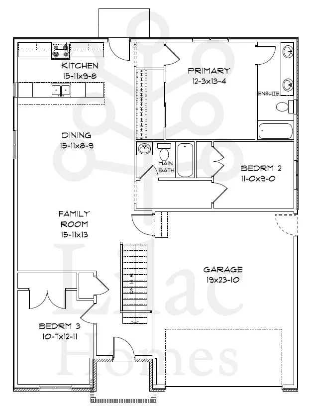Floor plan of a house showing the layout of the kitchen, family room, garage, and three bedrooms with bathrooms.