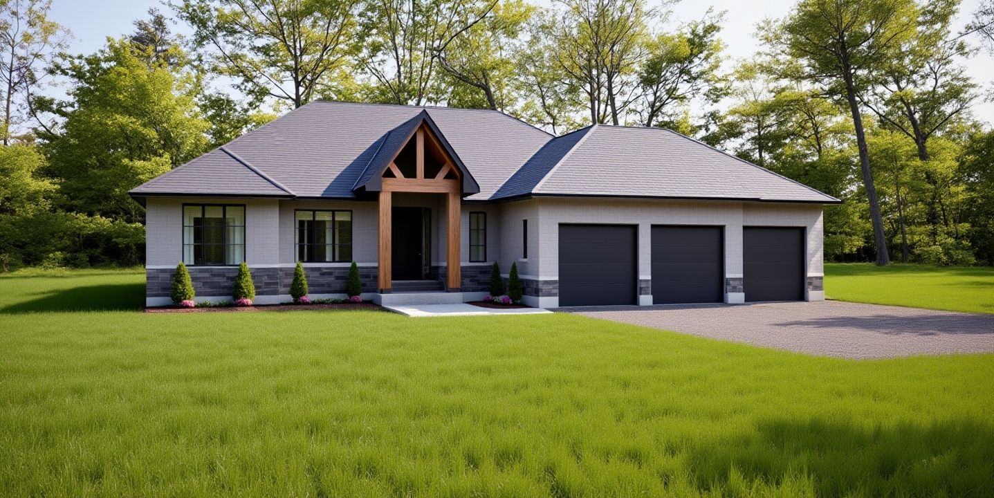 Modern single-story house with a triple garage, wood-accented entrance, and grey roof, surrounded by a green lawn and trees.