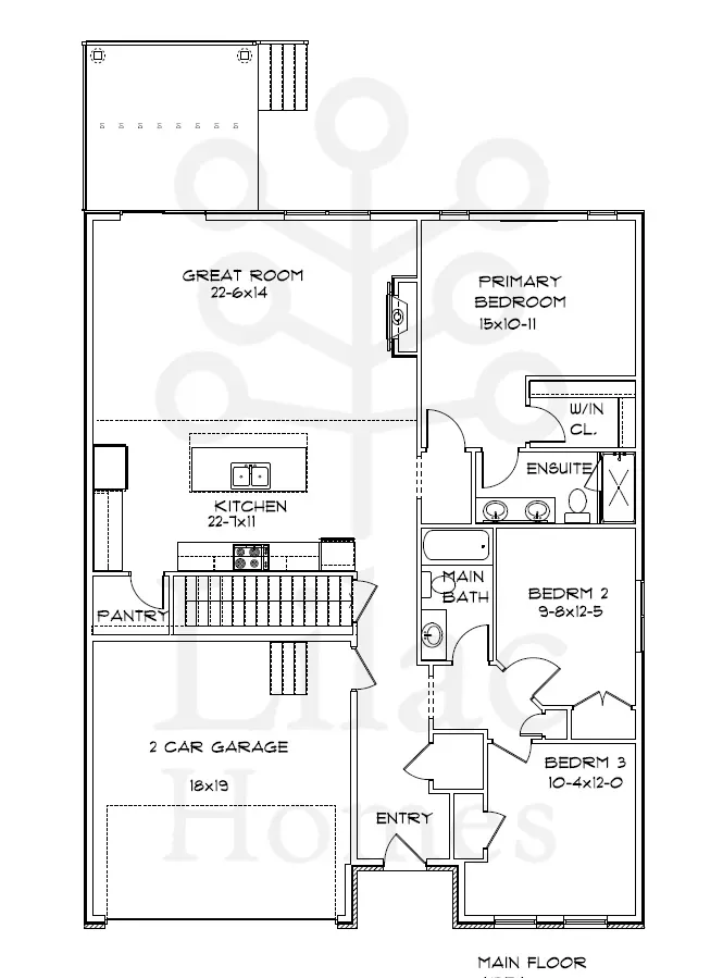 Floor plan for a residential home showing a main floor with a garage, kitchen, great room, and three bedrooms.