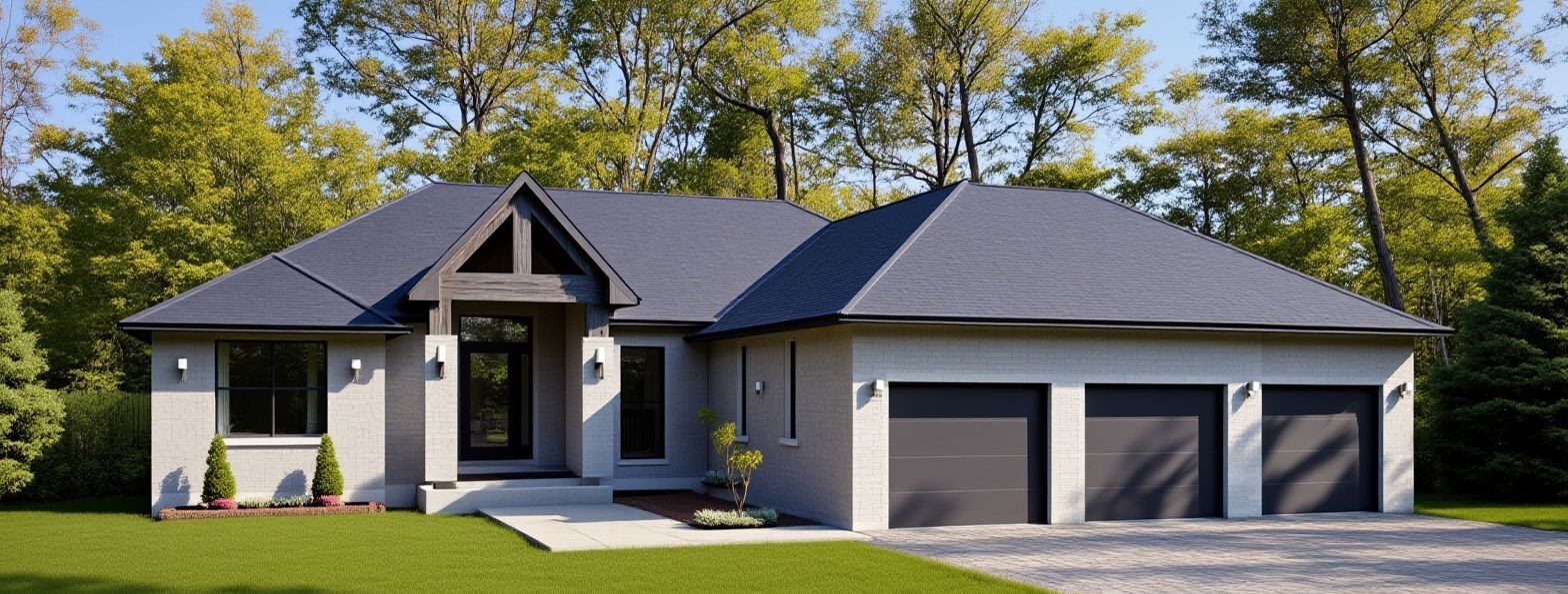 A single-story gray brick house with a three-car garage and dark shingles, nestled among green trees on a sunny day.