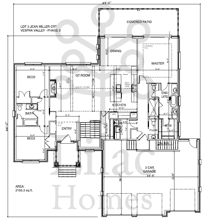 Floor plan for a residential home, including bedrooms, kitchen, living area, covered patio, and a three-car garage.