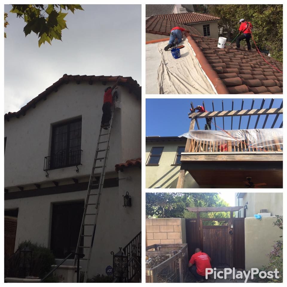 Workers painting various parts of a house: exterior wall, roof, pergola, and fence; all outdoors.