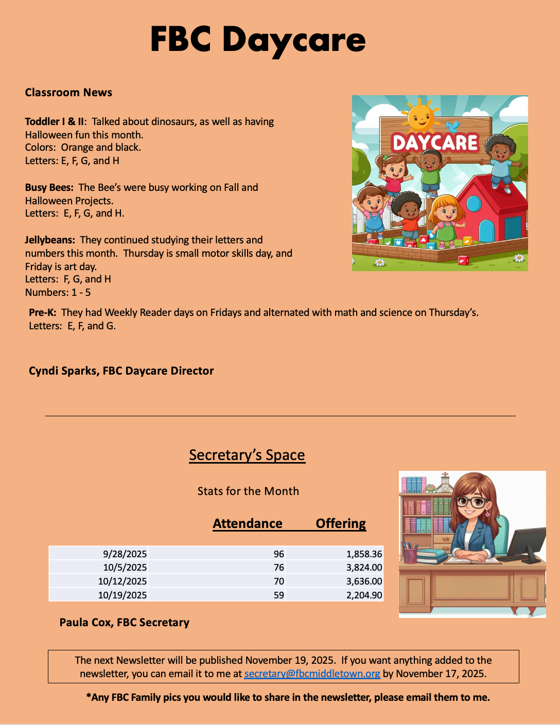 FBC Daycare flyer with announcements, a colorful illustration of children playing, and attendance details.