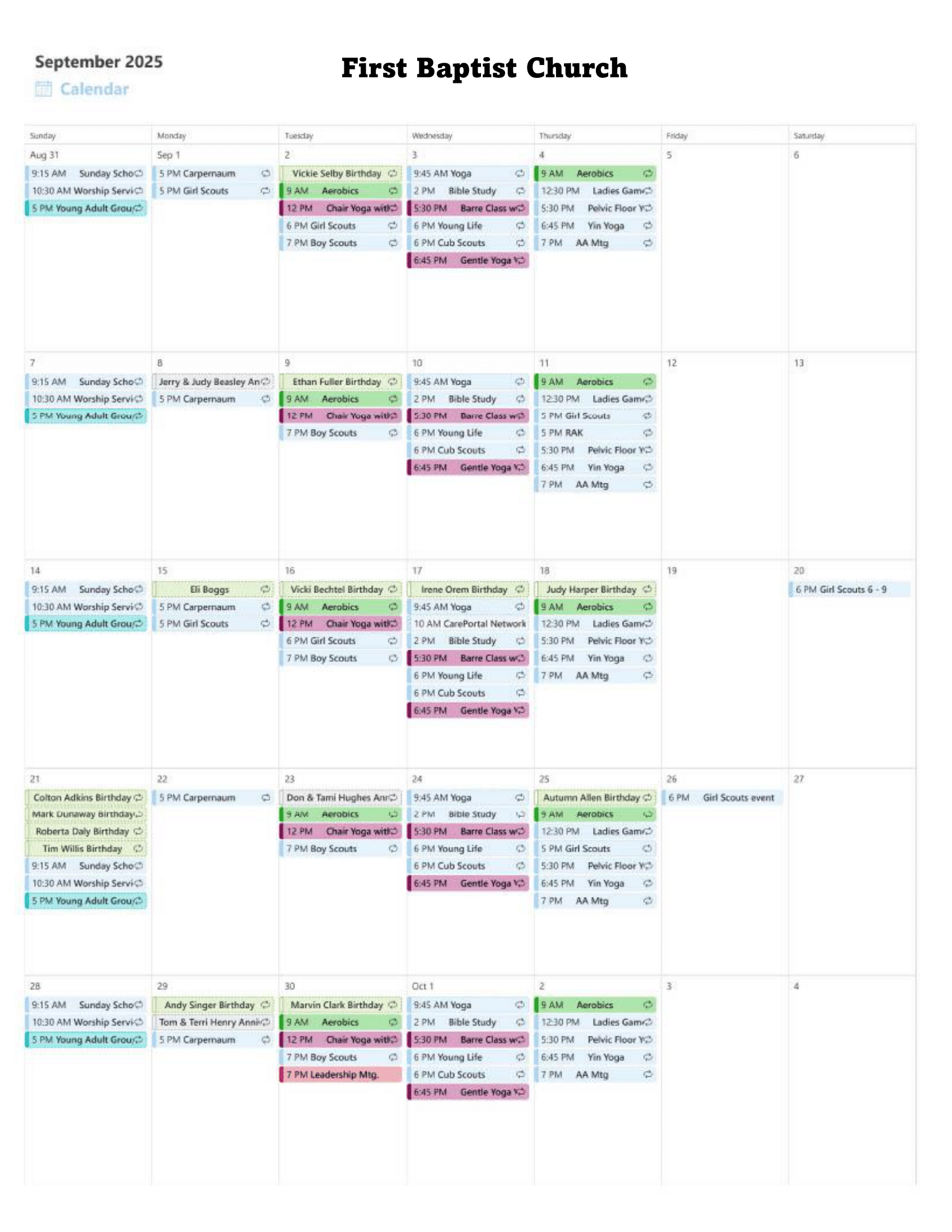 September 2023 calendar of First Baptist Church events, with color-coded activities scheduled.