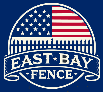 A logo for East Bay Fence with an American Flag