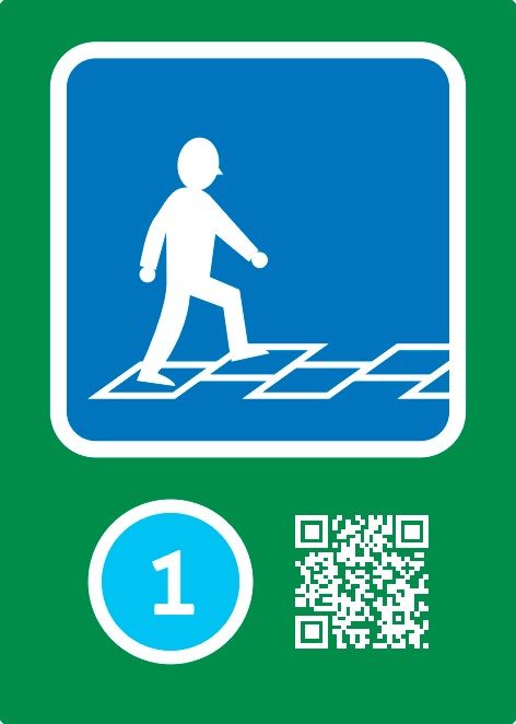 Een blauw bord met een wandelende persoon en een qr-code
