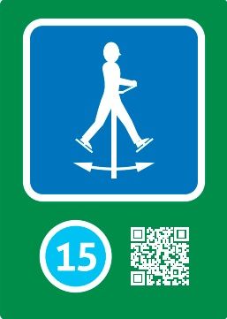 Een blauw-wit bord met een wandelende persoon en een QR-code.