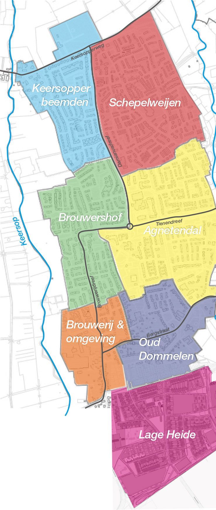Een kaart van een stad met verschillende gekleurde gebieden en een rivier.