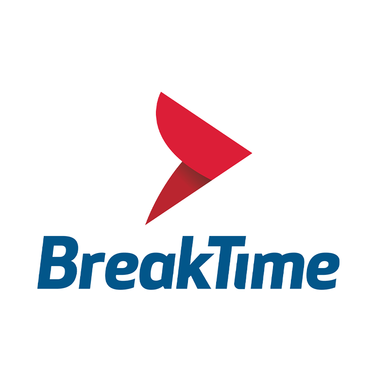 BreakTime logo with red abstract arrow and blue text on white background