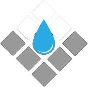 Hendrix & Son Logo. Blue water droplet over gray diamond tiles on a white background