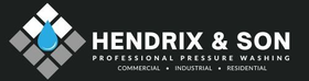 Hendrix & Son pressure washing logo with diamond icon and blue water drop on black background