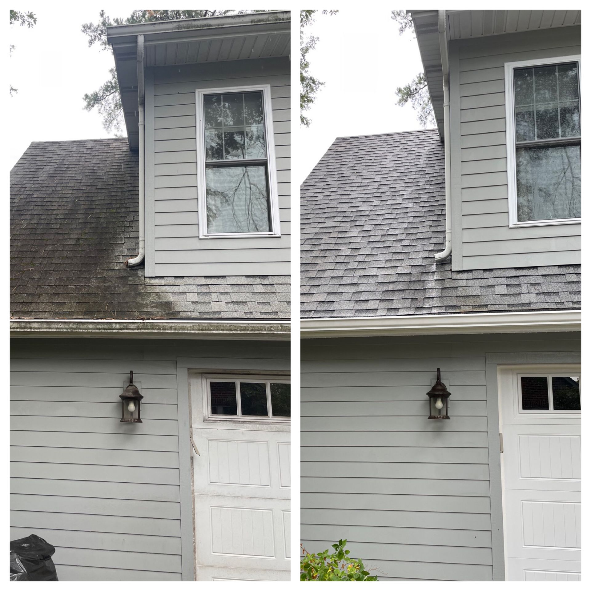Split-view of a gray house exterior with a dormer window, garage door, and wall lantern.