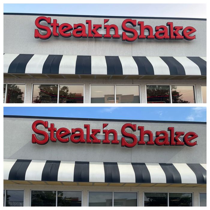 Steak ’n Shake storefront sign above a black-and-white striped awning, shown in two stacked views