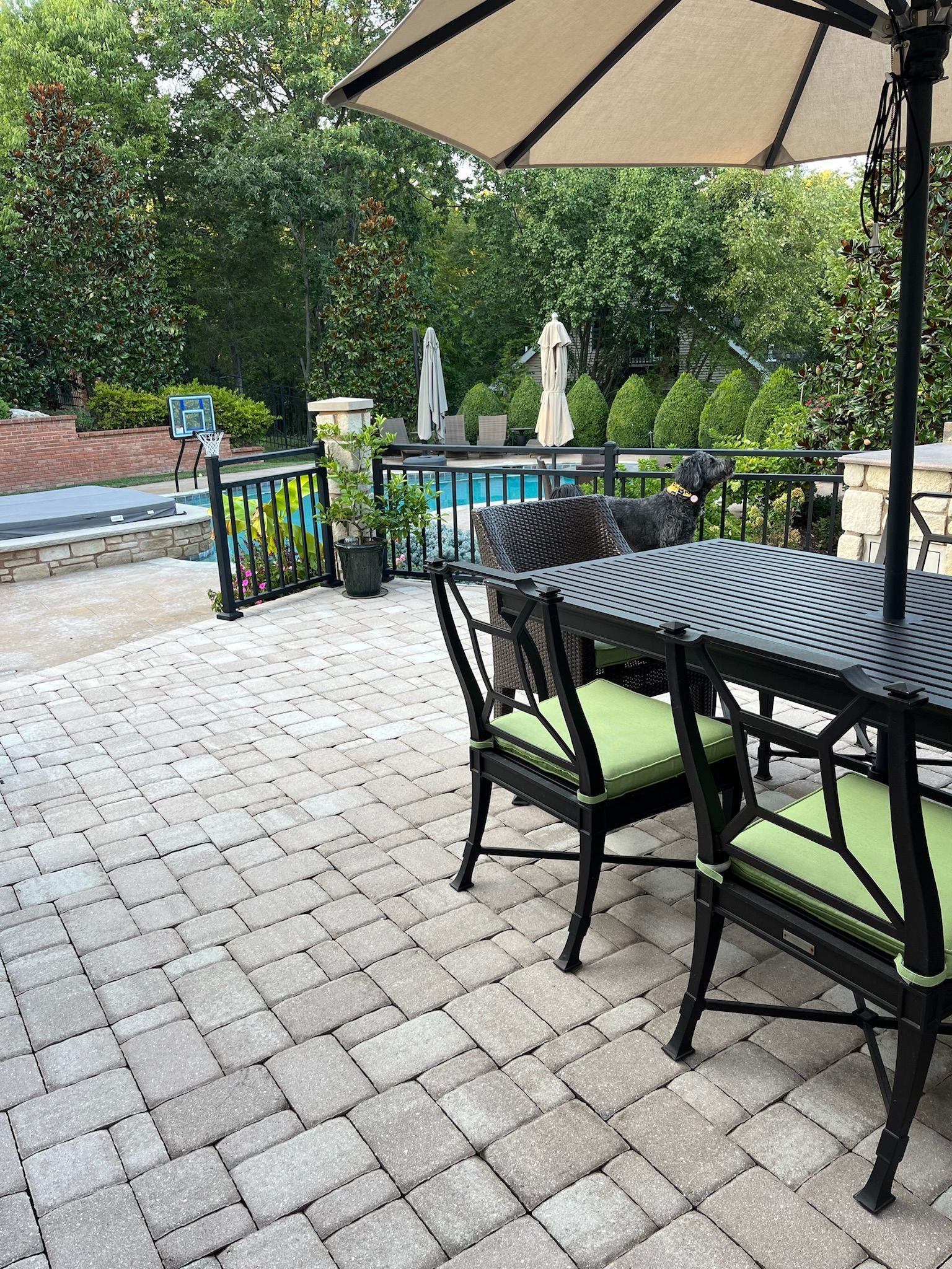 Patio seating beside a pool, with black metal chairs, striped umbrella, and trees in the background