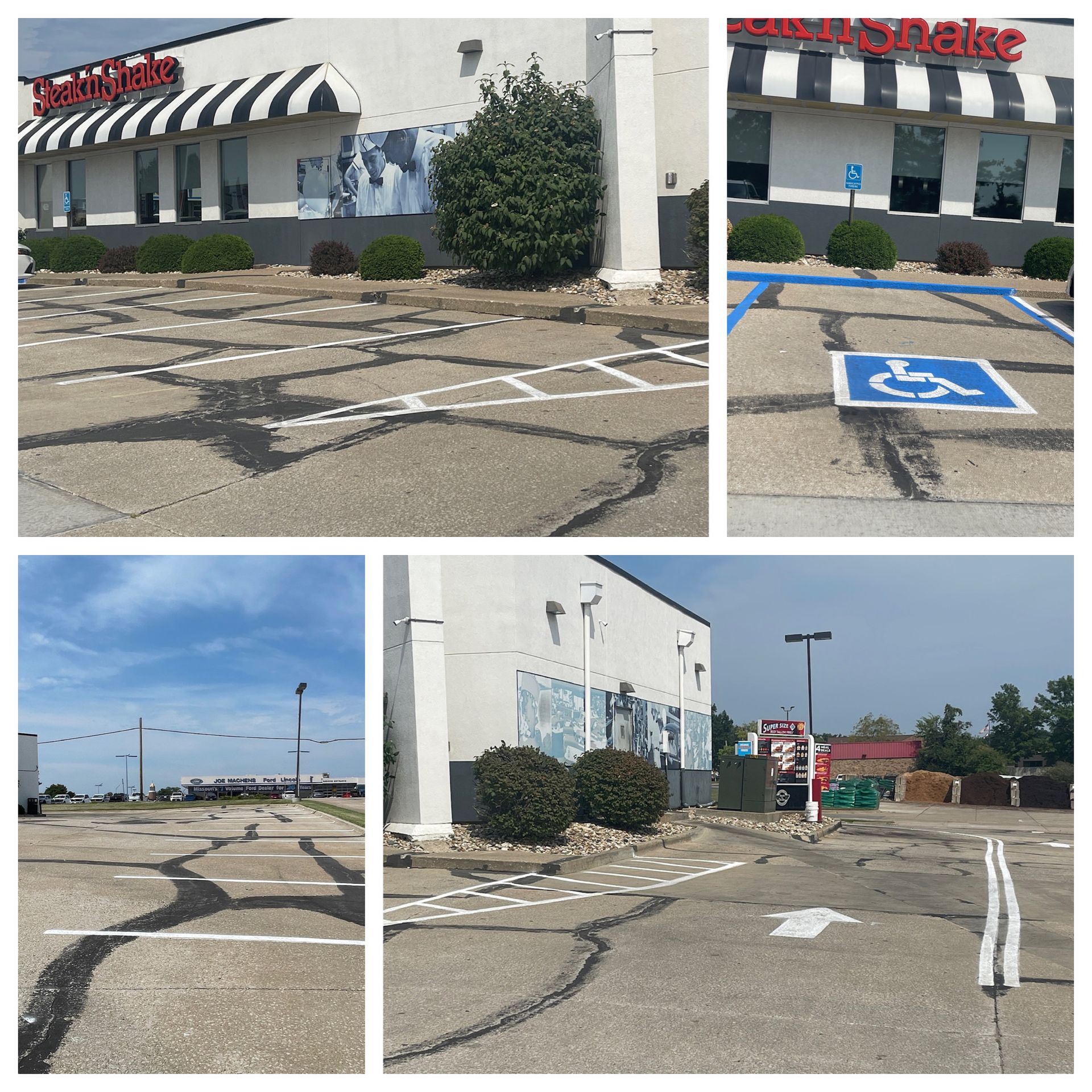 Cracked parking lot outside a restaurant, with a blue accessible parking space and signs.