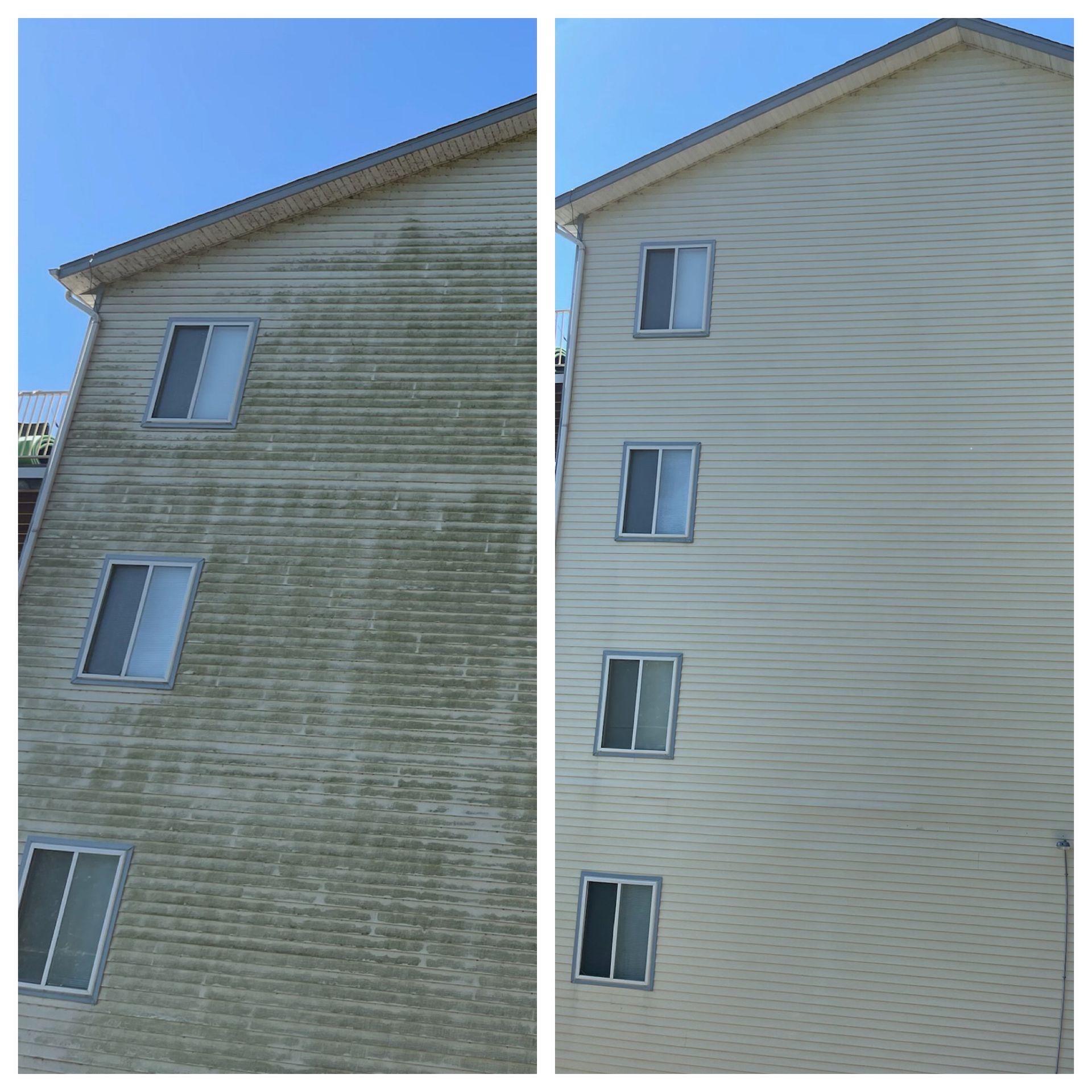 Side-by-side apartment building walls: left is green stained, right is clean beige with windows.