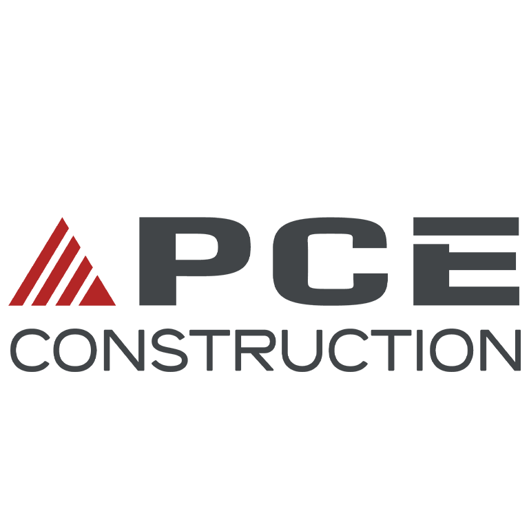 PCE Construction logo with red striped triangle and gray text