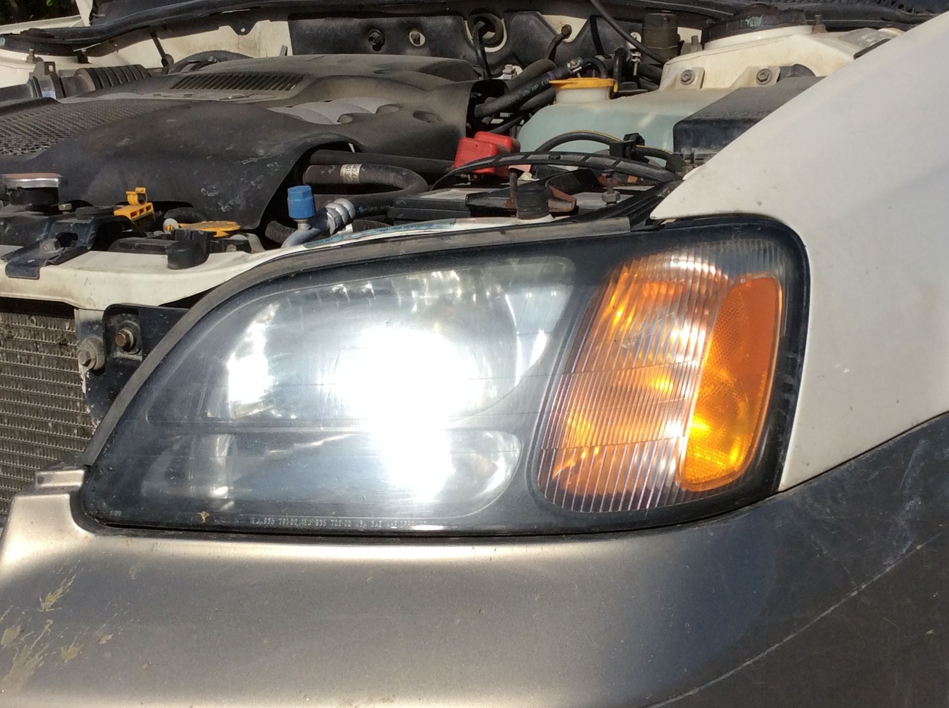 A close up of a car headlight with the hood open