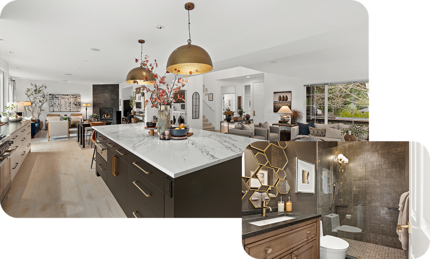 Bright modern kitchen with large island, gold pendant lights, and a small inset view of a bathroom vanity.